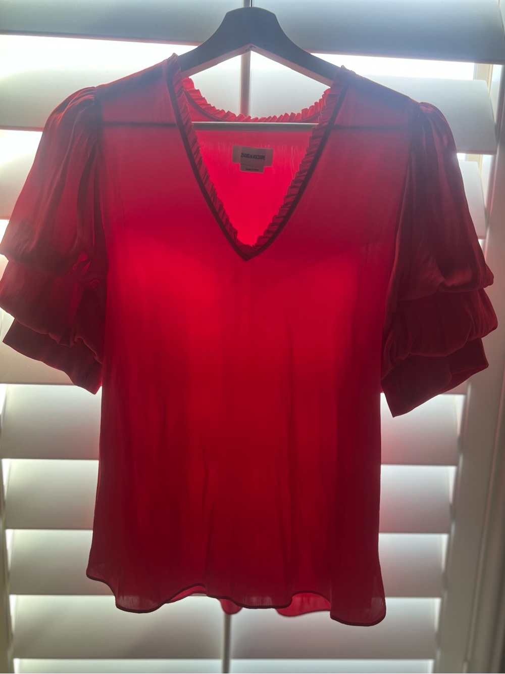 ZADIG & VOLTAIRE Red V-Neck Satin Puff Sleeve Blouse Size S